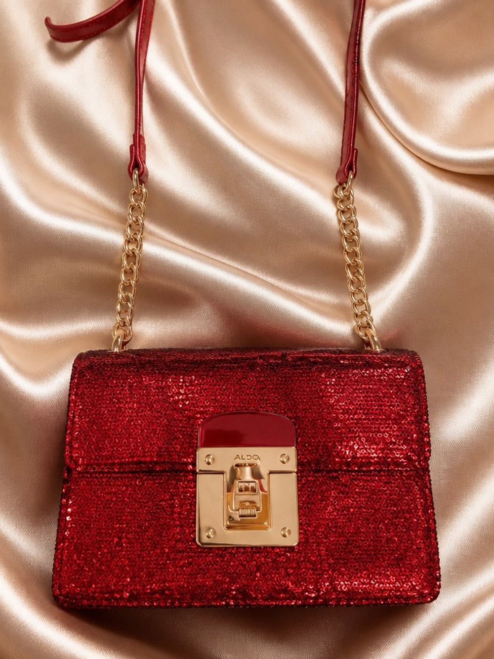ALDO Red Sequin Crossbody with Gold Chain